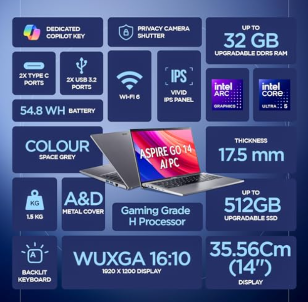 Acer Aspire GO 14 AG14-71M | Intel Core Ultra 5 125H | 16GB RAM | 512GB SSD | 14" WUXGA IPS Display