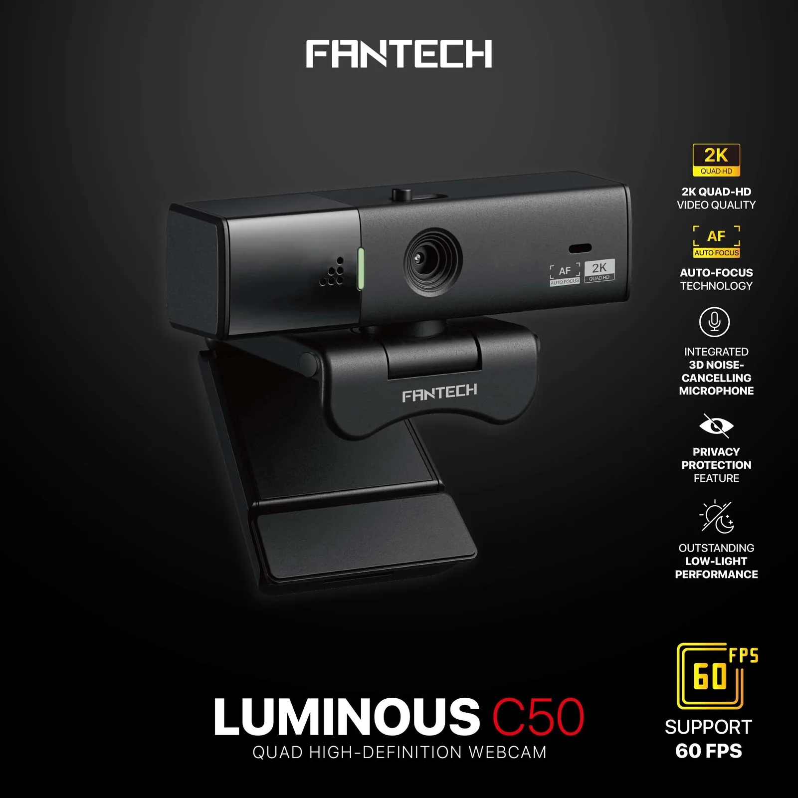 Fantech Luminous C50 – 2K QHD Webcam (60FPS, Auto-Focus, Noise-Cancelling Mic)