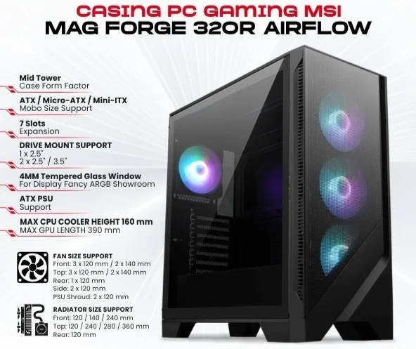 MSI MAG Forge 320R ATX Gaming Casing (4 ARGB Fans, up to 11 Fans)