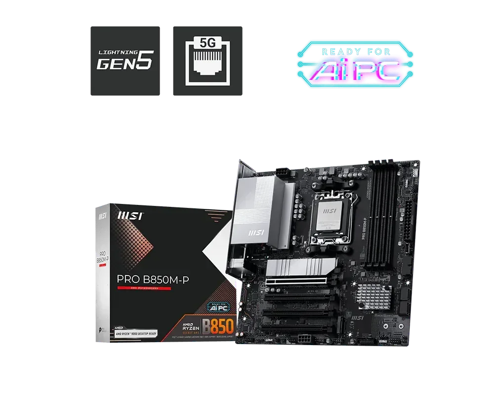 MSI PRO B850M-P Motherboard – AMD B850, AM5, DDR5, PCIe 5.0, 5G LAN (mATX)